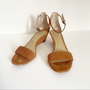 Ann Taylor Woven Suede Ankle-Strap Wedge Sandals in Tan